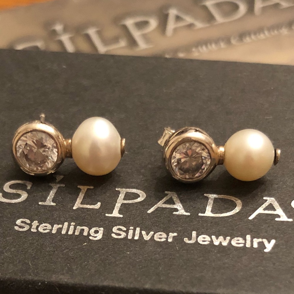 Rare Silpada Filigree Sterling Silver Pearl Cubic Zirconia Post Earrings P2118 - Picture 9 of 16